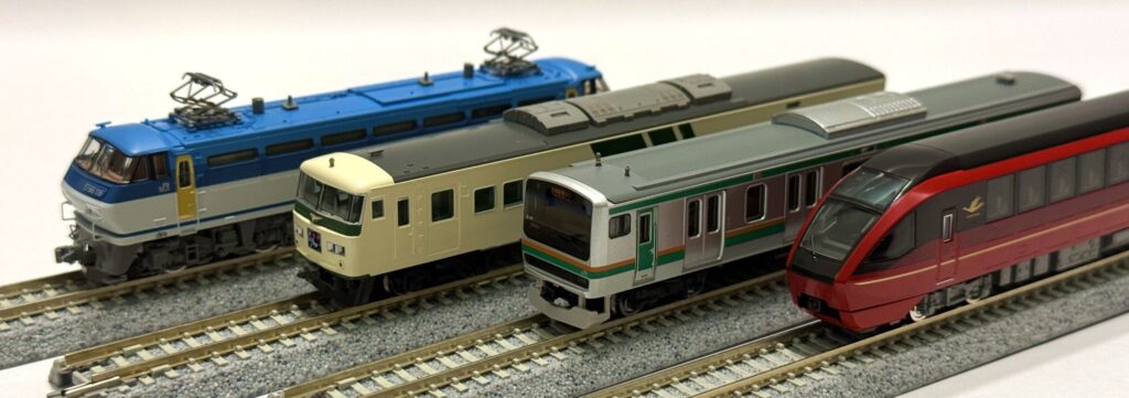 トミックス製車両のごく一部。旧国鉄、JR、私鉄にいたるまで多彩なラインナップ。